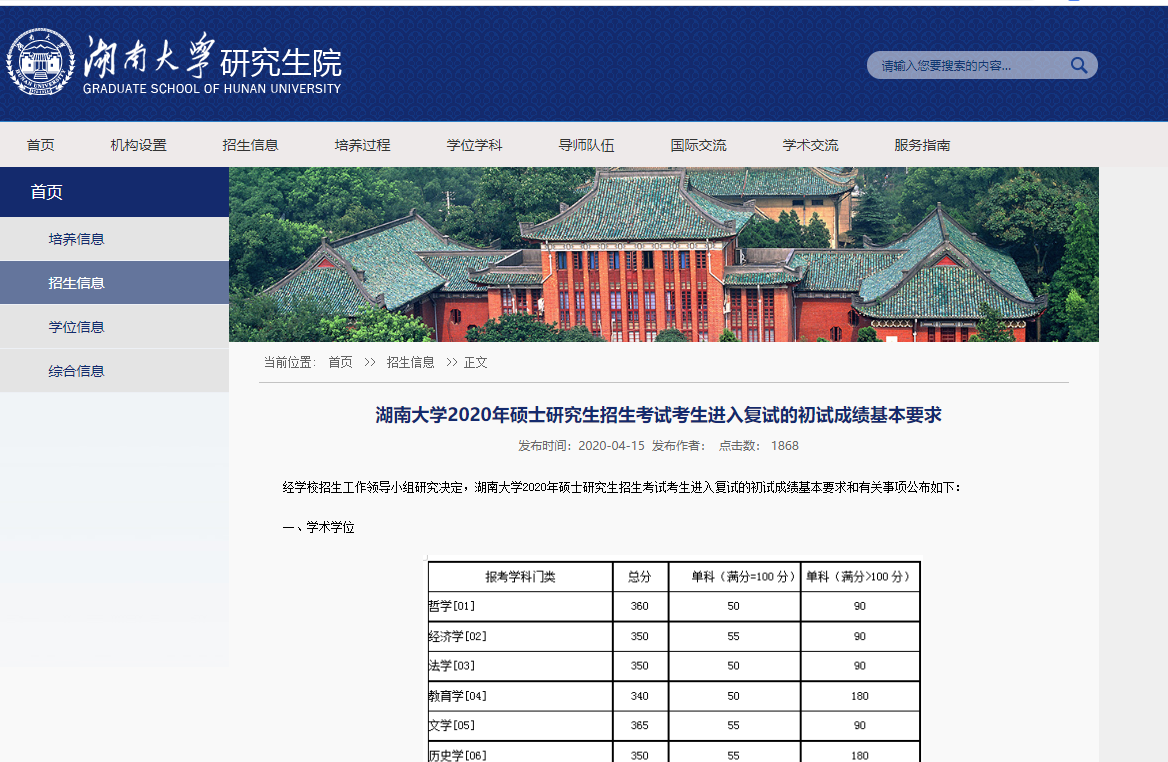 經學校招生工作領導小組研究決定,湖南大學2020年碩士研究生招生考試