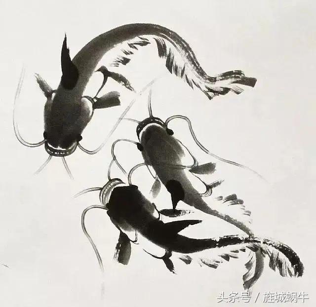 各种姿态的鲶鱼画法:(6)蘸取重墨,一笔完成鲶鱼背鳍上的刺