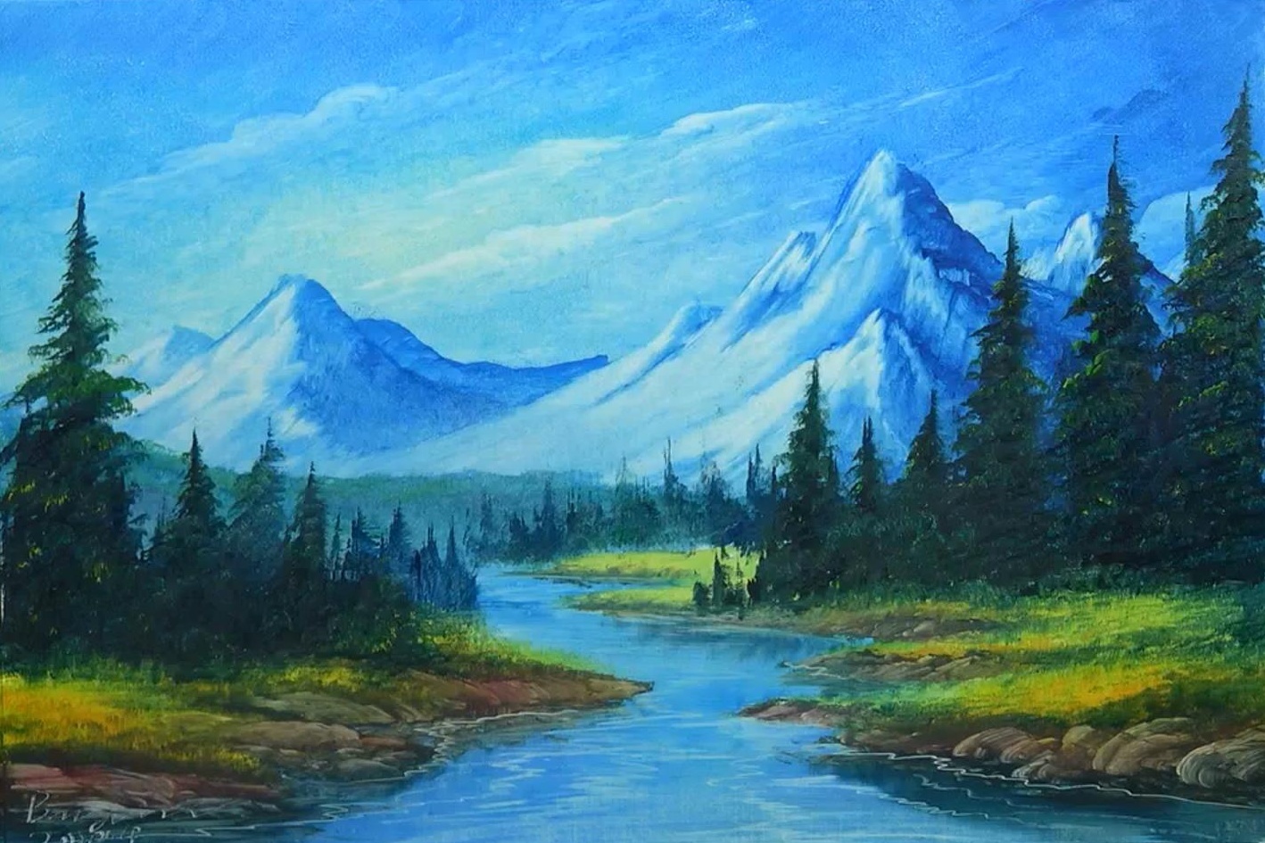 刀画雪松山水中一条清澈的河流缓缓流过来看下河水的铺色方法吧