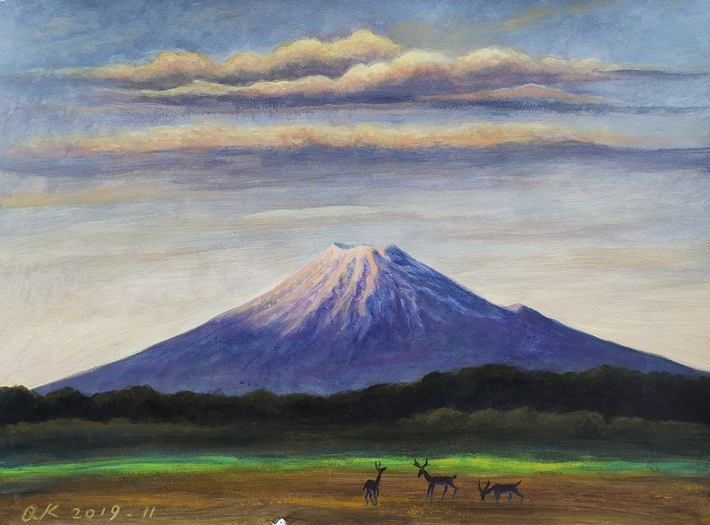 富士山暮色 纸本丙烯39×54cm 作于2019年富士山上的古树 纸本油画39