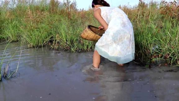 漂亮的小美女在田里徒手逮鱼