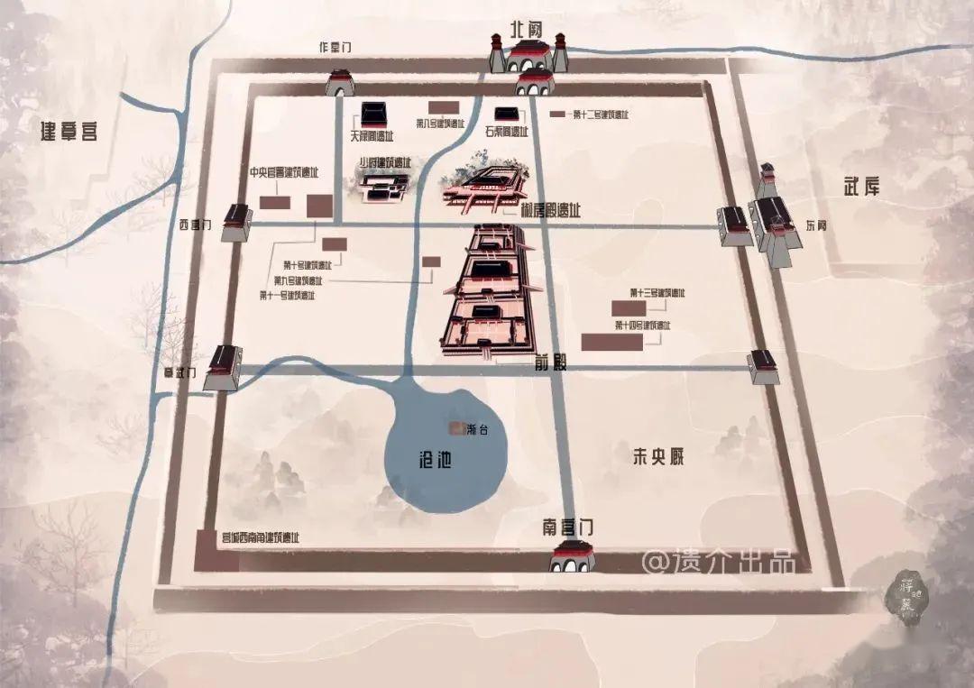 古籍记载未央宫殿堂不下40座,总面积约5平方千米建设在长安西南的龙首