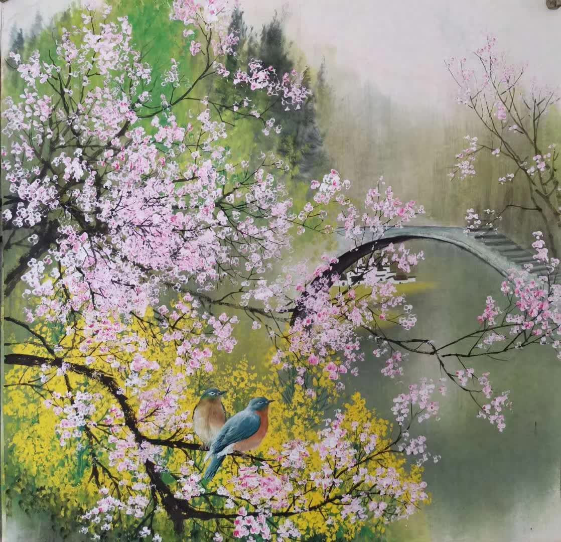 周佑林山水画,溪水潺潺,桃红柳绿,一派祥和的自然之美!