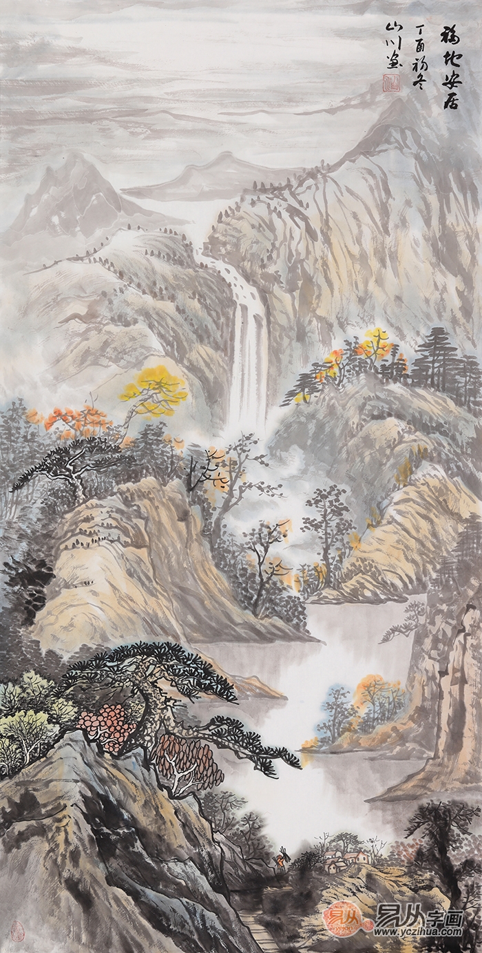 山川四尺竖幅聚宝盆玄关走廊山水画《福地安居》家庭装饰中,别看玄关