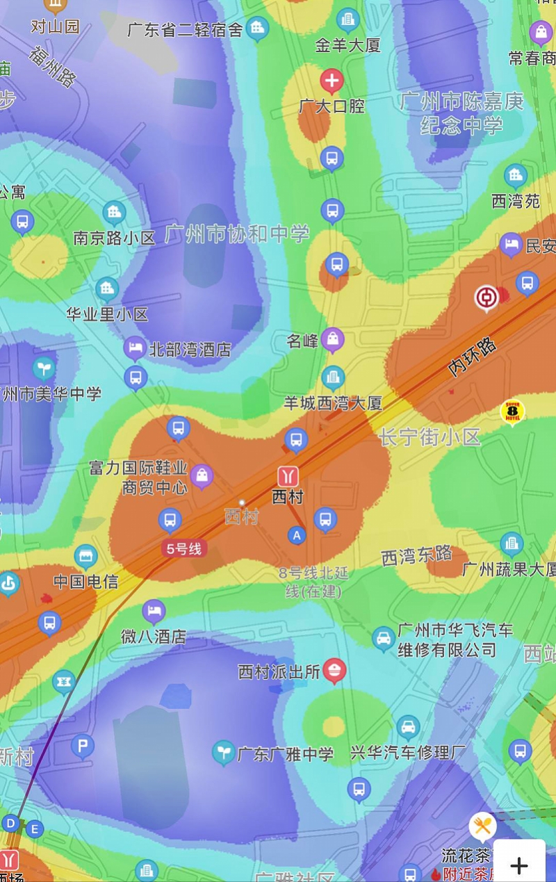 热力图中的广州开学第一天名校周边渐拥堵南武中学人流量大