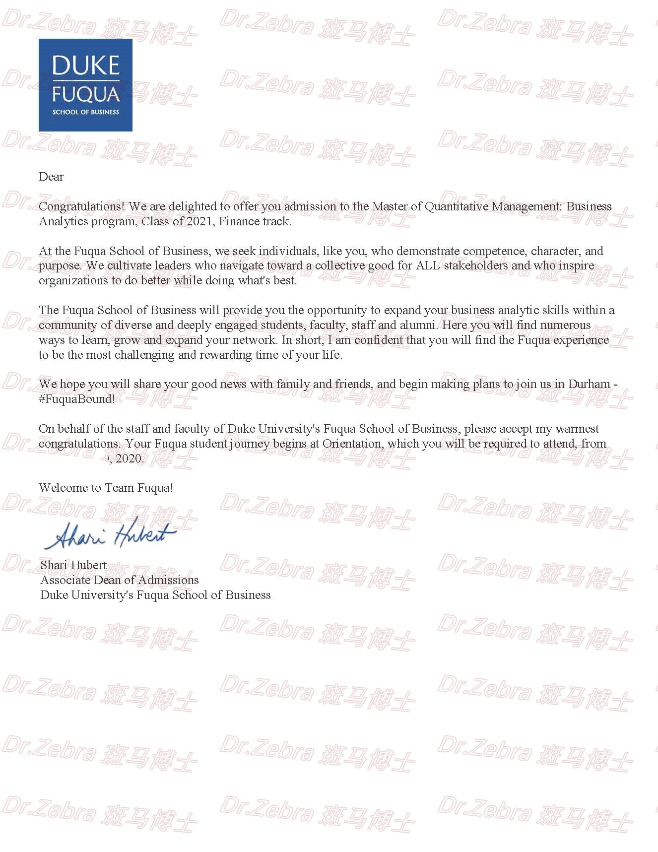 斑马博士捷报杜克大学dukeuniversitymqmbusinessanalyticsprogram