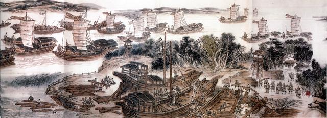 画卷上河边湖滨的修船场面,就是当年被黄河泛滥所毁坏漕船正在修理的