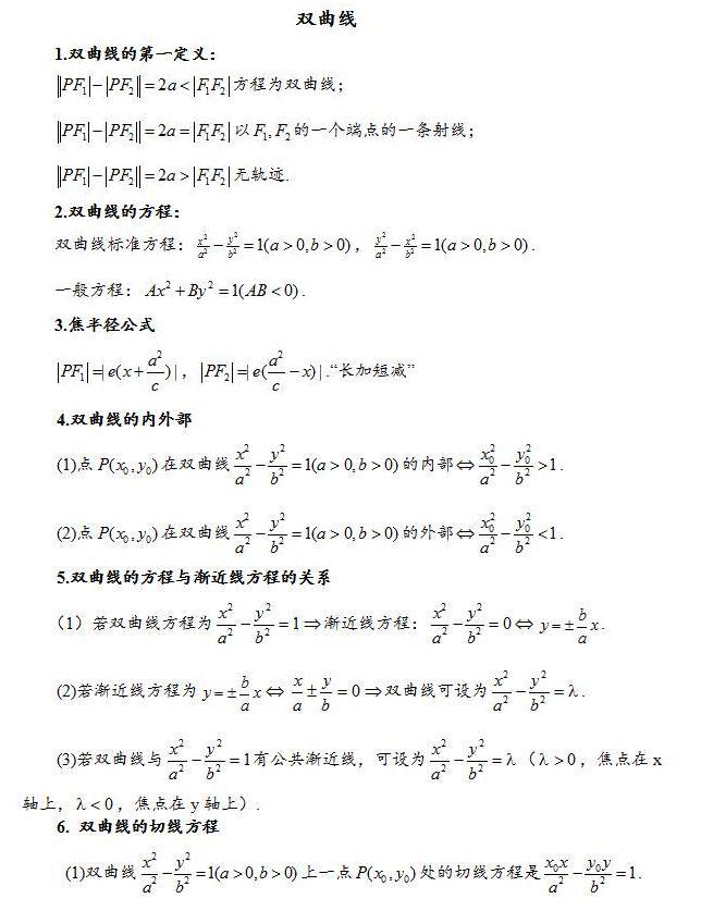 椭圆,双曲线,抛物线的重点知识归纳和常用结论
