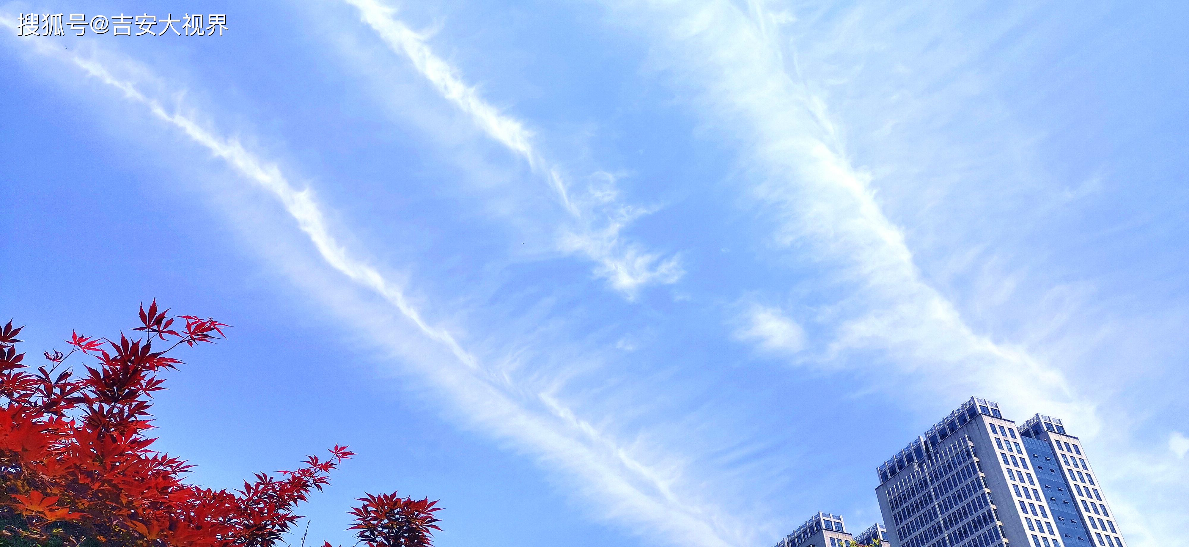 在吉安城区上空出现了一朵朵长长的像羽毛似的云朵,在蔚蓝色的天空