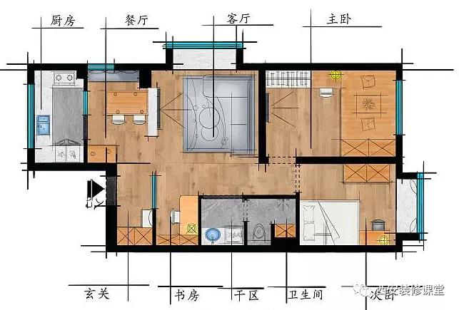 90㎡两室移动厨房成就餐厅半截墙横厅提升品质