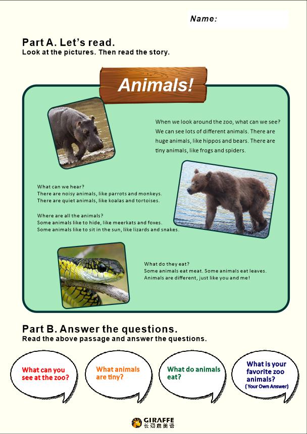 五一送给小朋友们一份关于animals的worksheet作业