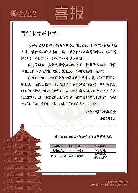 喜报养正中学2016届毕业生周泽龙荣获清华大学学习进步奖喜报