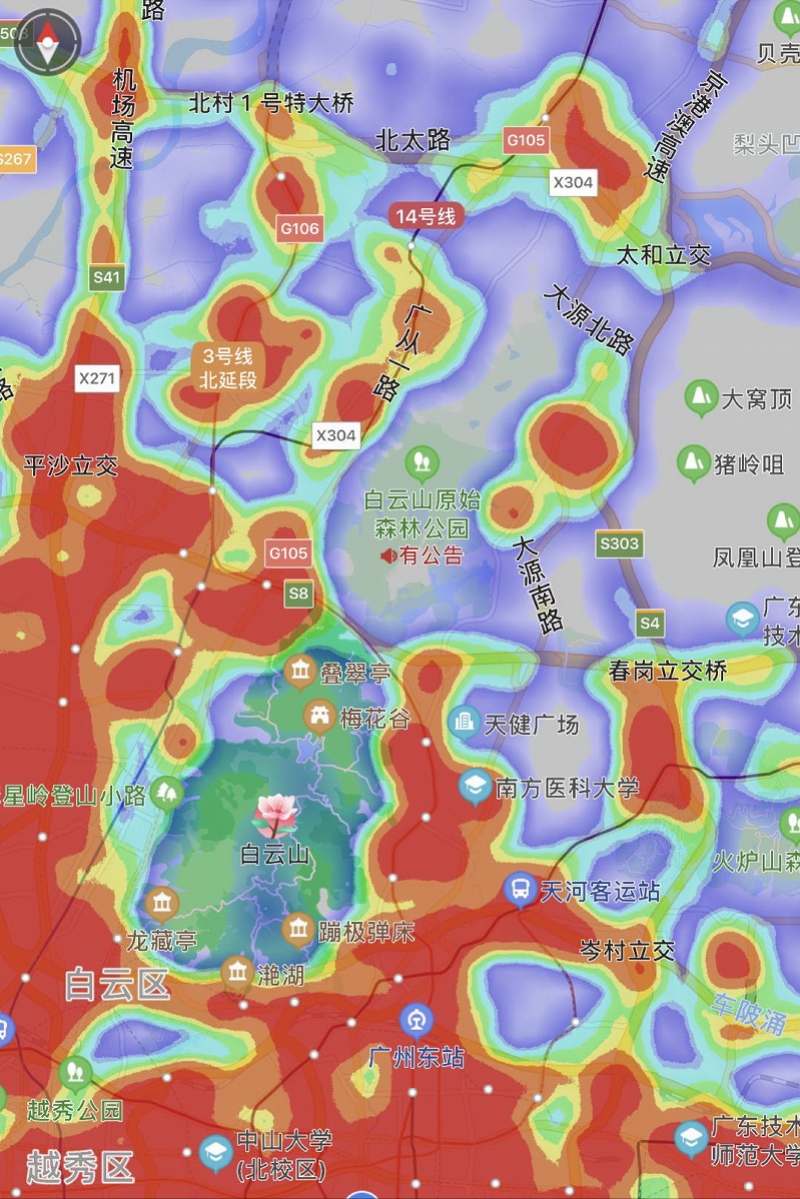 热力图中的广州五一小长假出城通道压力大永庆坊人气旺