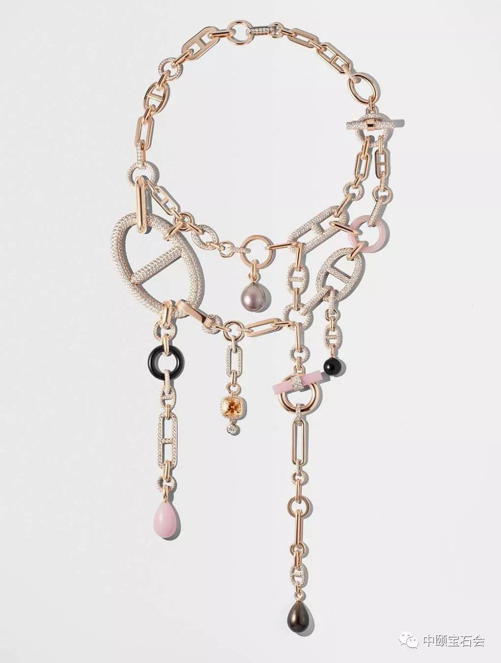grand jeté 玫瑰金项链镶嵌粉色蛋白石,橙色蓝宝石,珍珠,墨玉和圆形