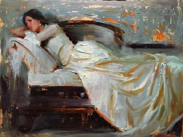 印度女画家人体油画中的性感女郎身披薄纱若隐若现