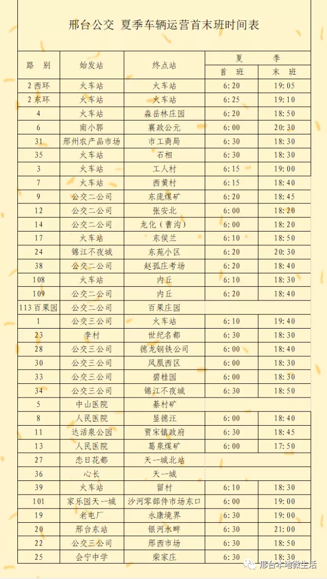 邢臺9路108路109路公交車最新夏季首末班發車時間表來了