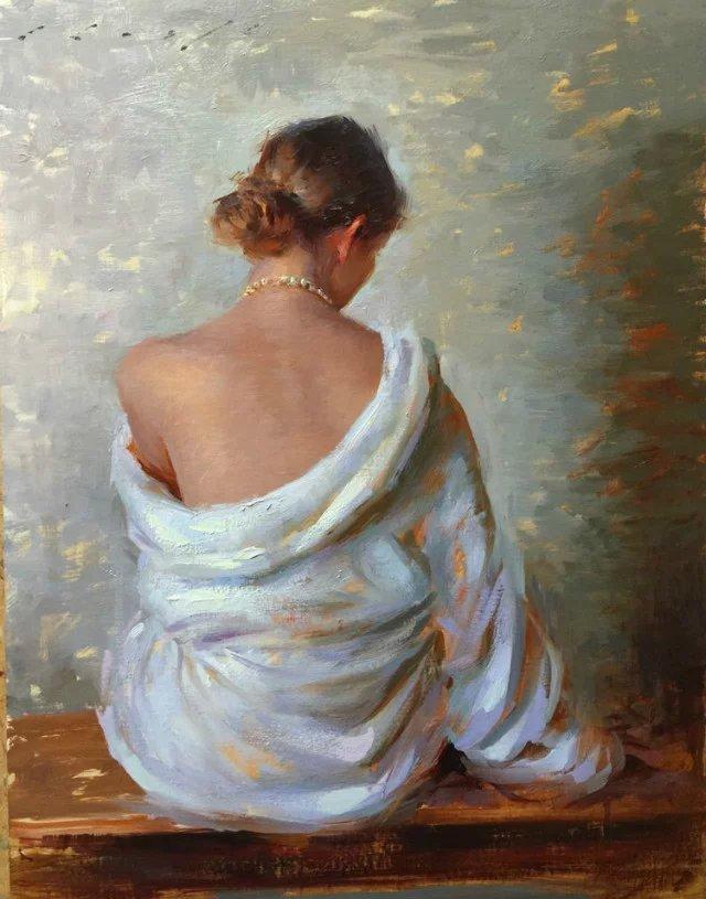 印度女画家人体油画中的性感女郎身披薄纱若隐若现