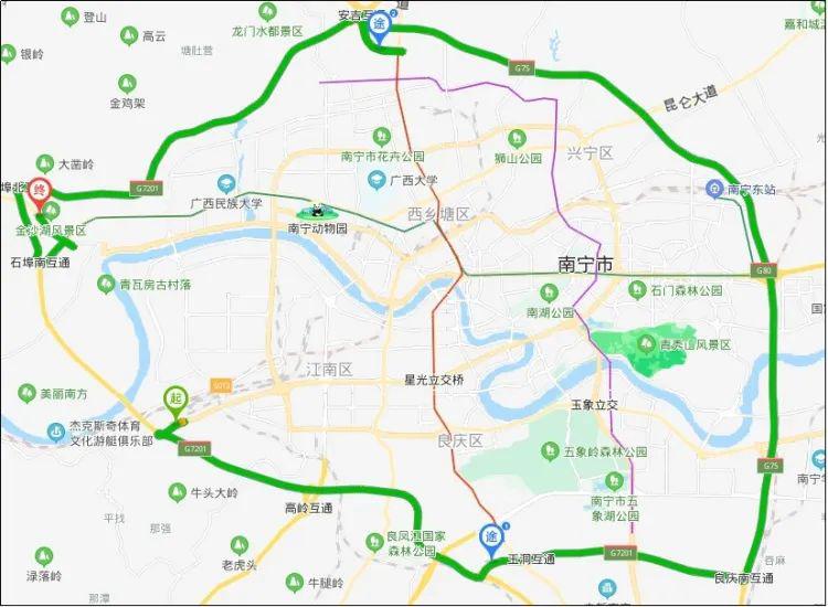 江南区方向南友高速新吴圩收费站→机场内市区路网→友谊路→南宁市区