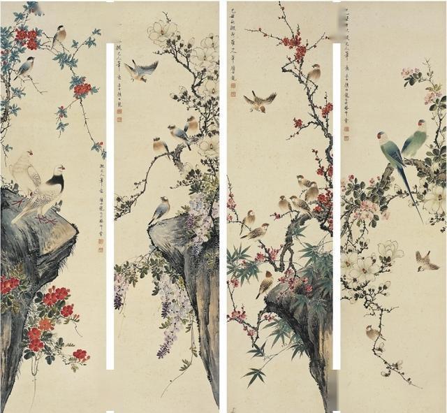 中国画屏风四扇屏前观美景静夜独坐洗尘心