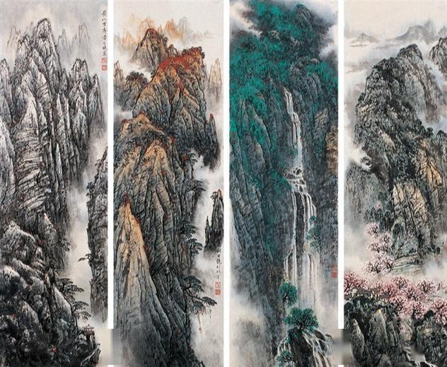 中国画屏风四扇屏前观美景静夜独坐洗尘心