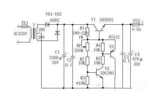 工作原理: 经整流滤波后直流电压由r1提供给调整管的基极,使调整管