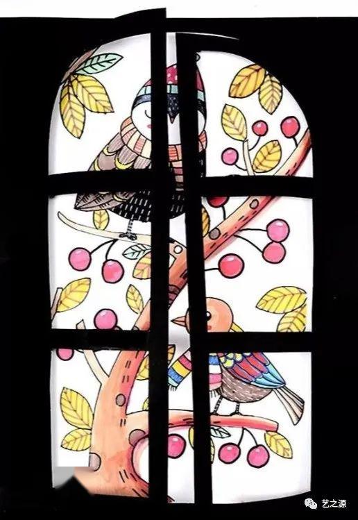 第一步:用剪刀在黑色卡纸上面按照图示剪出窗户的形状,白色为镂空.