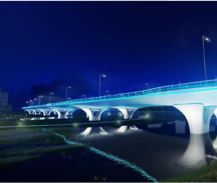 大桥总长度390米,宽43-49米,桥梁采用鱼腹式双曲面钢结构,共分为9跨