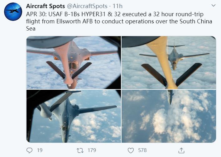 "(aircraft spots)发布消息称长期追踪美军战机动态的社交媒体5月1日