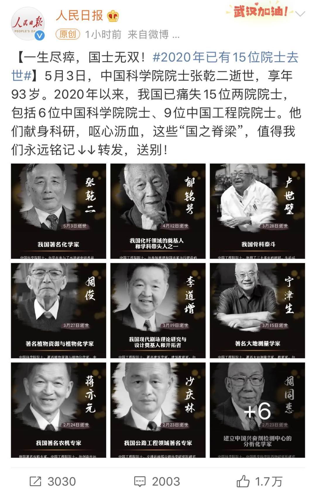 人民日报微博截图2020年以来,我国已痛失15位两院院士,包括6位中国