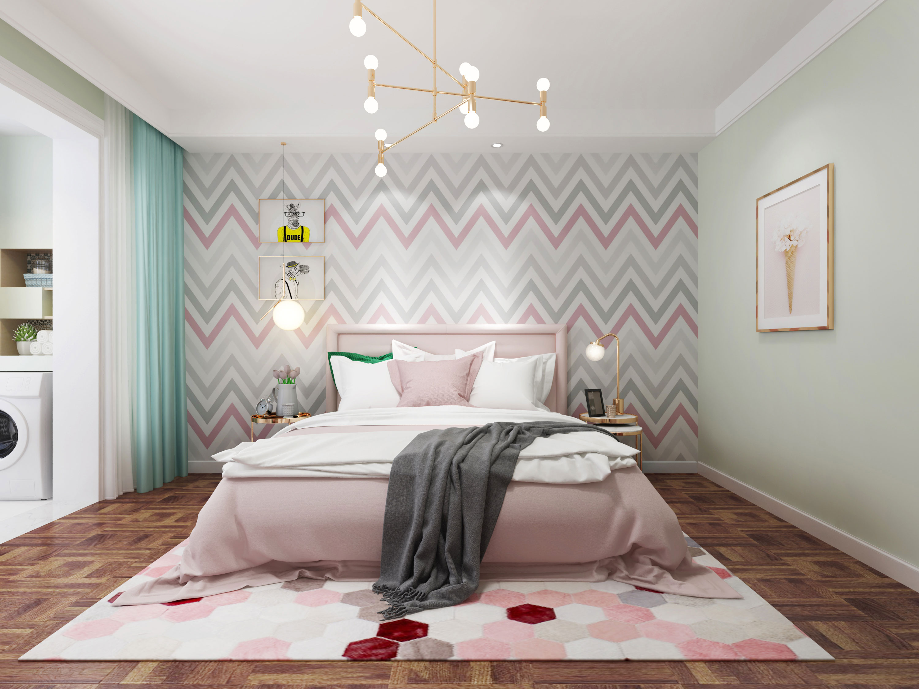 北欧风为主调,用颜色碰撞的手法,营造活跃的氛围