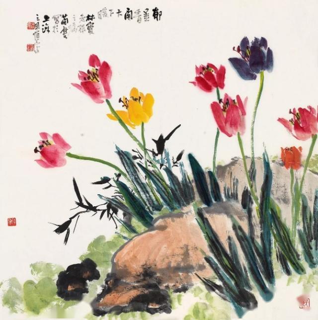 国画里的郁金香楚楚动人