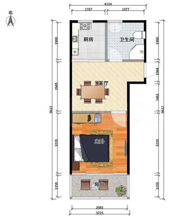 該房一室一廳一衛,臥室朝南帶陽臺,廚衛朝北,南北通透,全明戶型