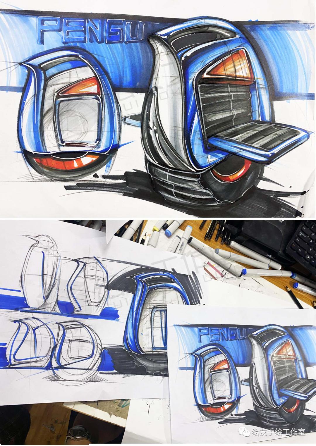 第三步:在产品线稿刻画的基础之上,对产品进行马克笔上色表达.