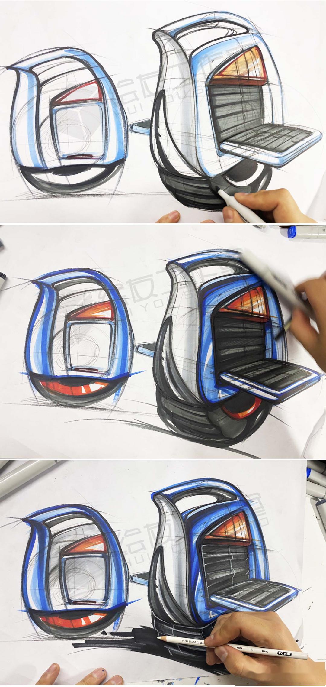 第三步:在产品线稿刻画的基础之上,对产品进行马克笔上色表达.