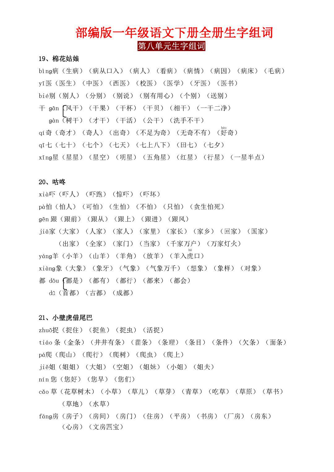 2020年部編版一年級語文下冊生字組詞彙總全冊21課完整版