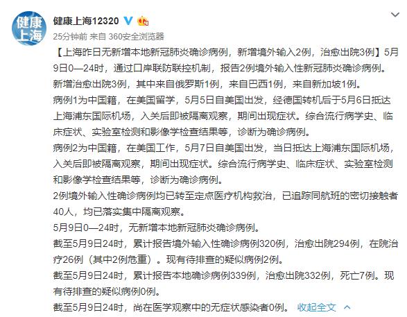 上海9日新增2例境外输入性新冠肺炎确诊病例