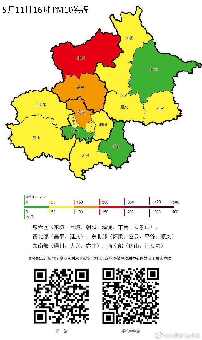 北部地區,16時開始影響北京,西北部延慶pm10濃度超過300微克/立方米