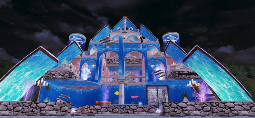 飞翔的娘口三三带来了小美人鱼城堡,蓝白的罗马结构通透明亮,搭配海底