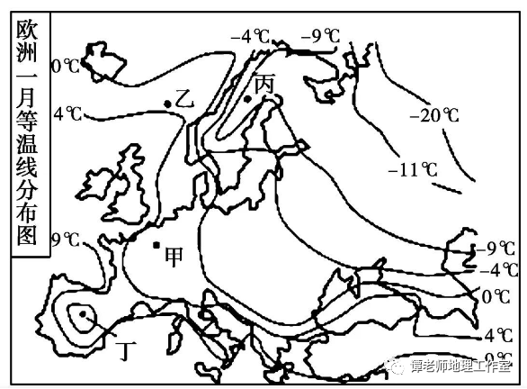 抓住主要的影响因素是关键,下面以欧洲一月等温线分布图为例简要分析