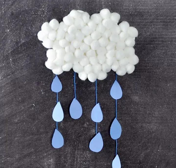 61 将蓝色棉线与云朵用胶水连接固定61 将蓝色卡纸剪出雨滴形状