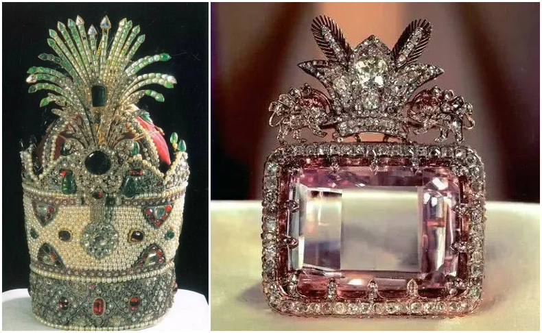 皇冠镶有3380颗钻石,5颗绿宝石,2颗蓝宝石和386颗珍珠,"果然欲戴皇冠