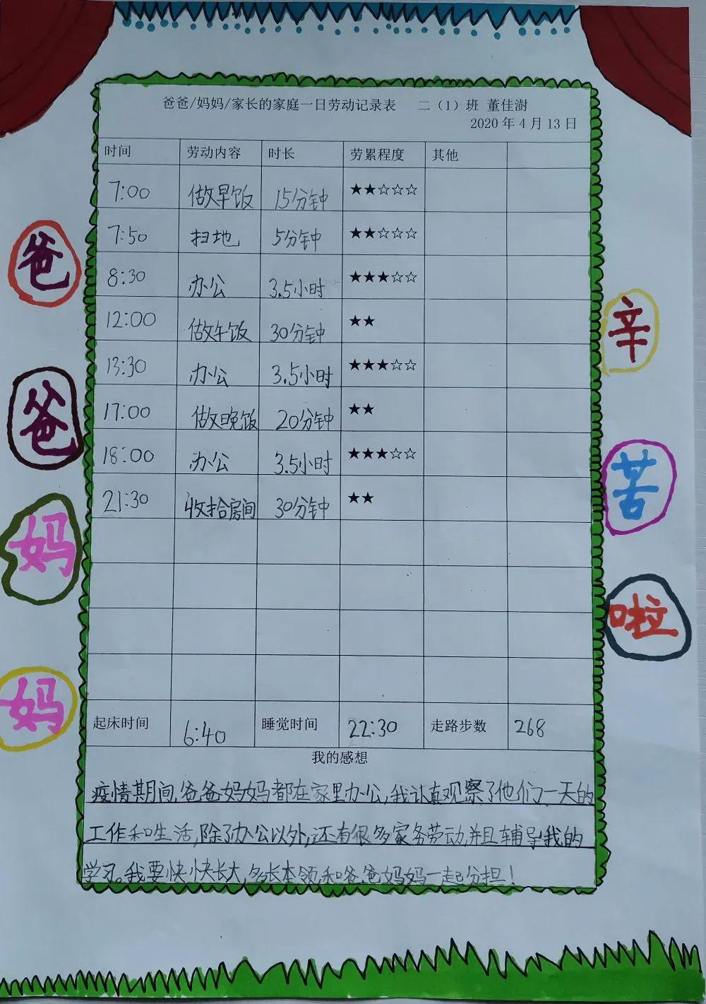 低年级学生们通过观察,记录家长的一日家务劳动