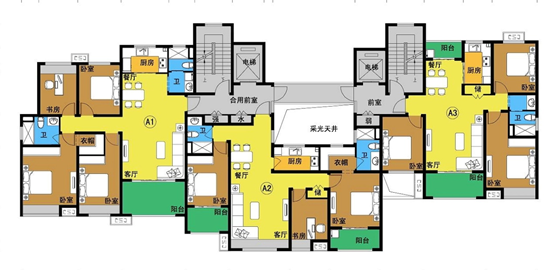 兩梯三戶示意圖兩梯三戶或者四戶是市場上目前比較常見的梯戶比設計