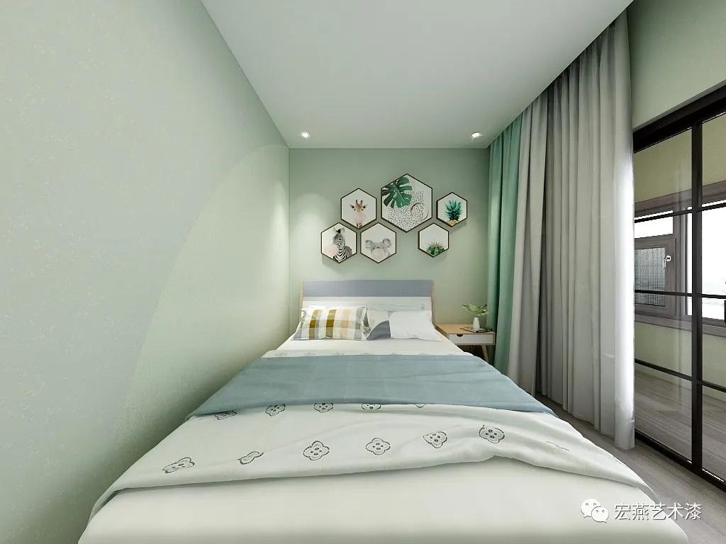 延续主卧的统一色调,次卧墙面效果也同样采用统一的淡雅清新绿色调,让