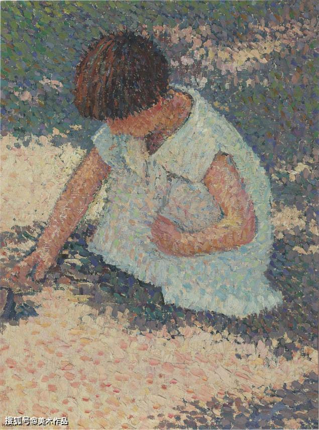 女孩点彩画:手捧鲜花的女孩,坐着的女孩-亨利·马丁|美术作品