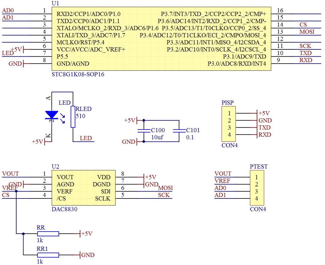 1)sch [6]由于dac8830使用spi接口来设置输出电压,使用stc8g1k(sop16)