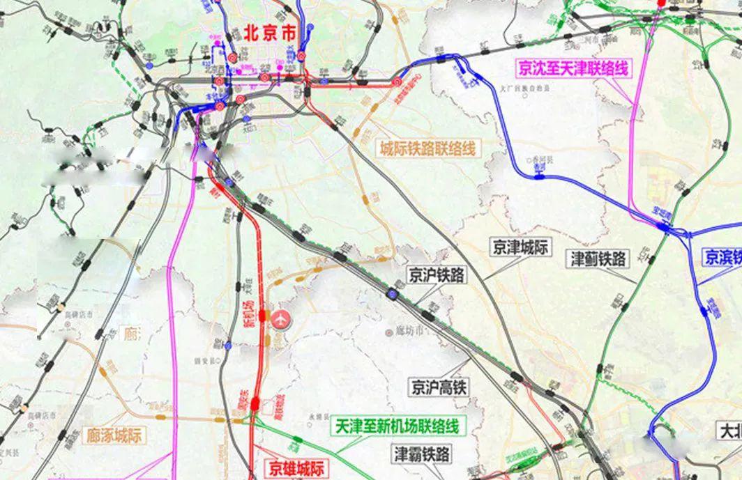 可以看到途經市區設廊坊東站,空港新區站的城際鐵路聯絡線以及二期線