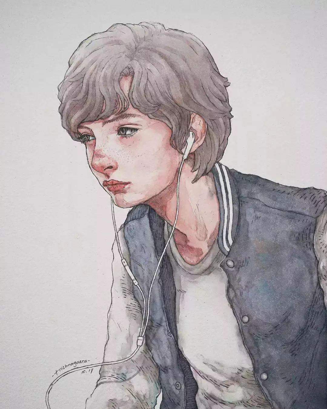 他的钢笔淡彩,寥寥几笔画出了女孩子独有的美_人物