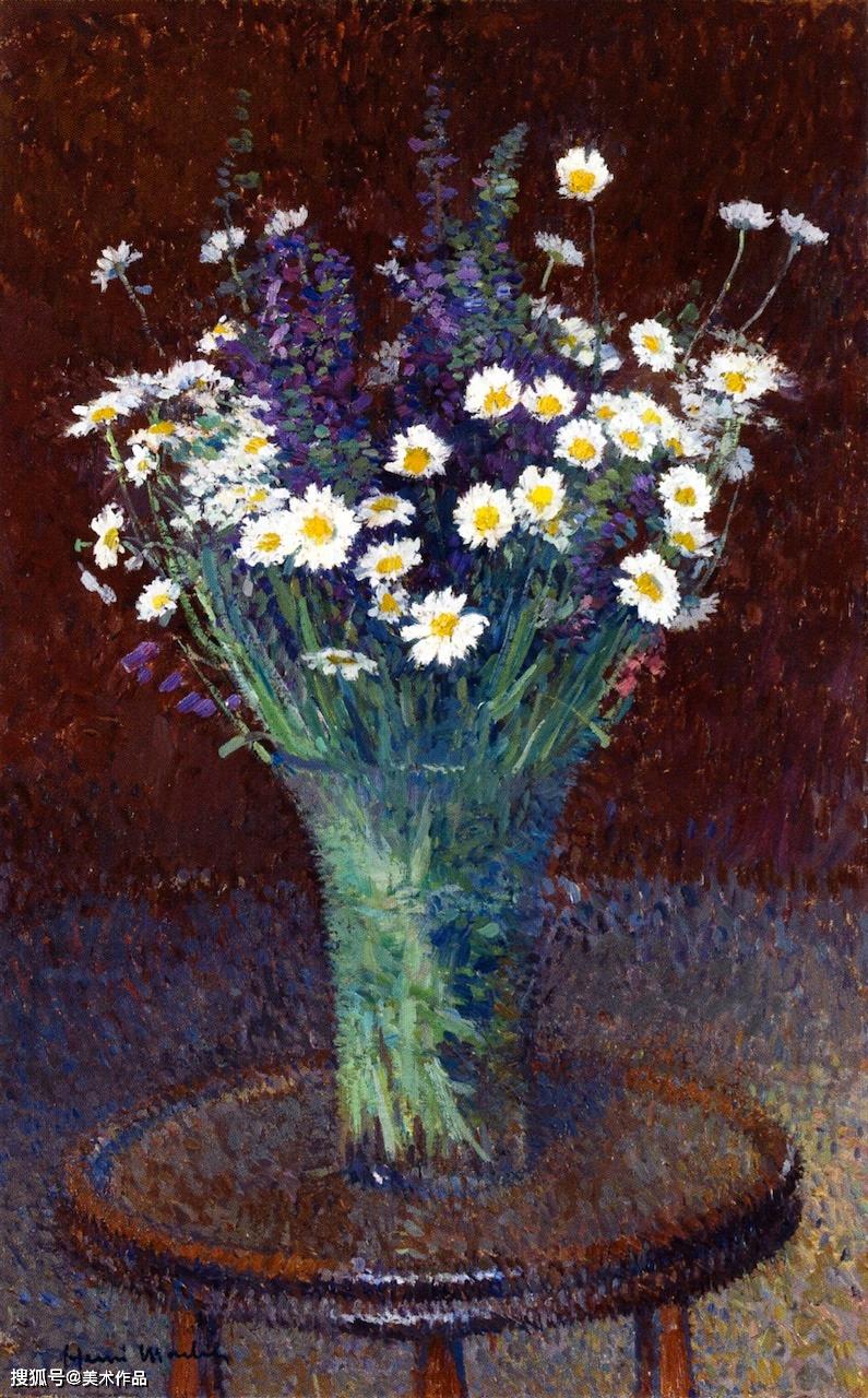 鲜花点彩画雏菊大丽花点彩静物画亨利马丁美术作品