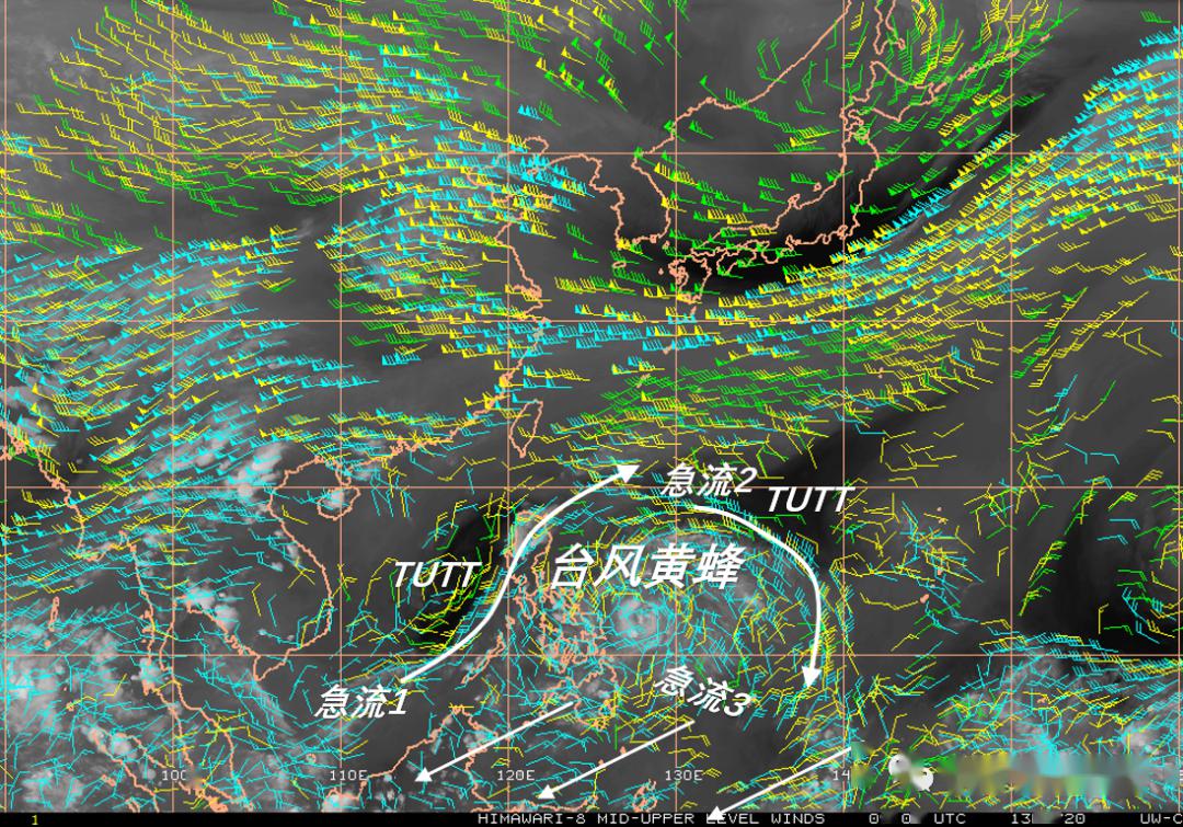 黄蜂的高空流场示意图,底图来自cimss,中气爱标注